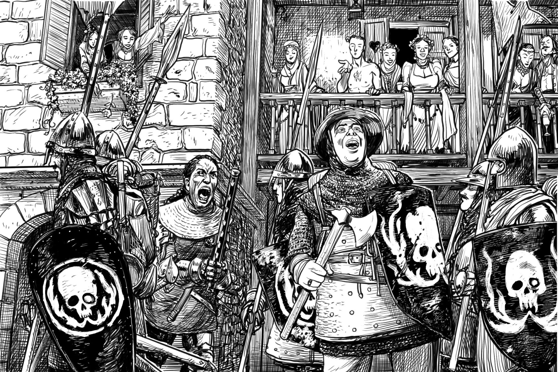 A soldier gawks grinning at girls on balconies as a sergeant screams to get back in formation.