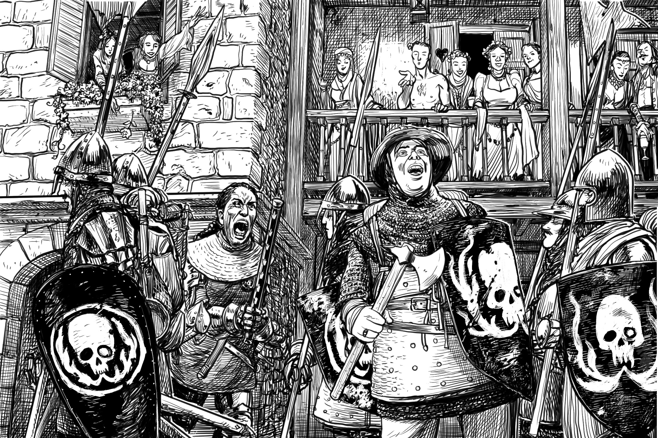 A soldier gawks grinning at girls on balconies as a sergeant screams to get back in formation.